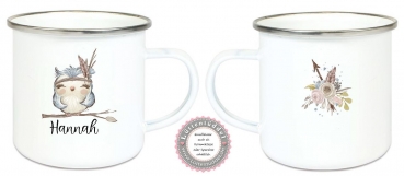 ♥ Tasse Emaillebecher Eule Federn BOHO , Einschulung KITA Wunschname, Dankeschön, Geburtstag, Abschied, Jubiläum, Geschenk, Kommunion, Firmung Konfirmation, Becher von Lüttentüddel